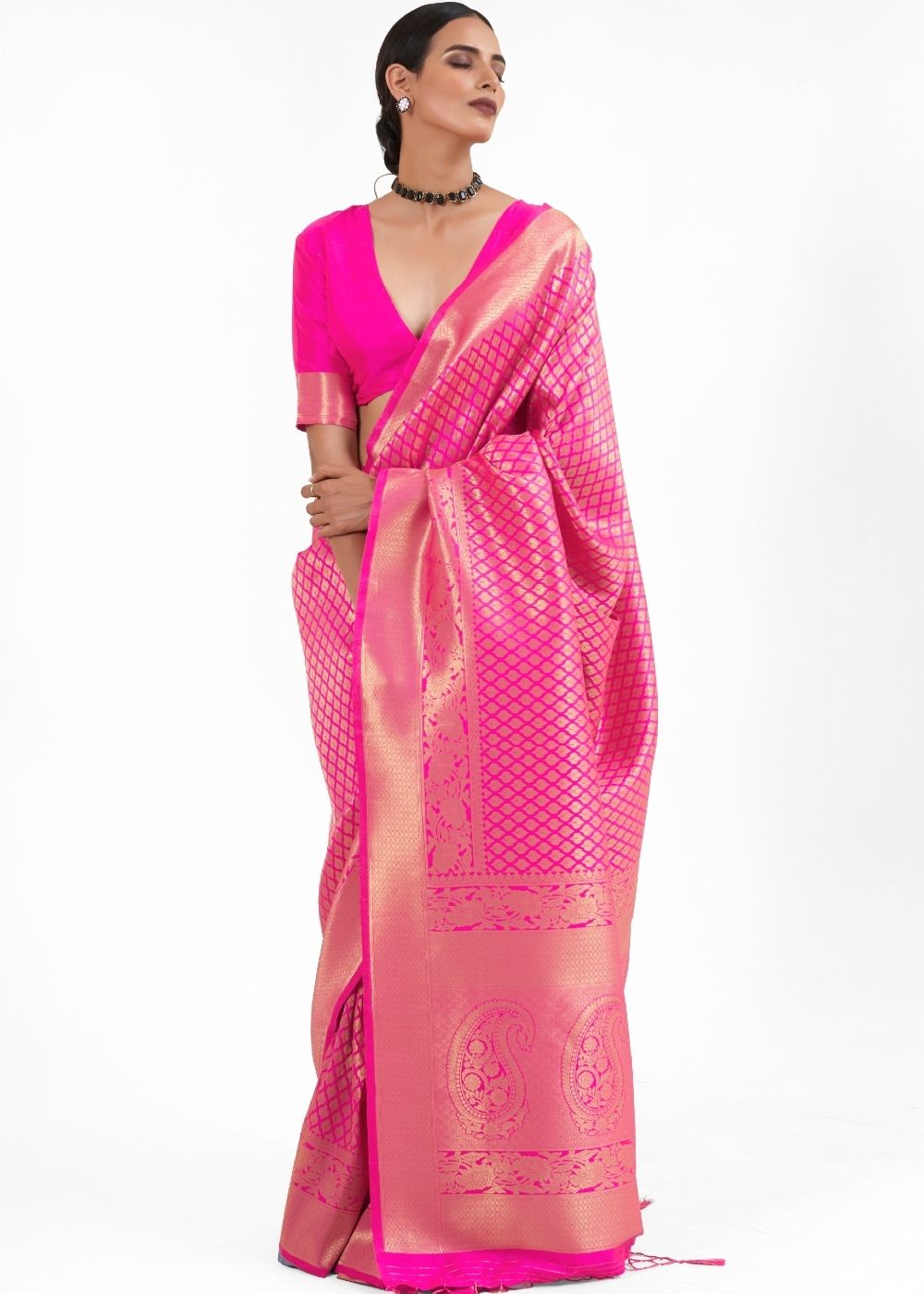 Hot Pink Kanjivaram Soft Woven Silk Saree - Colorful Saree