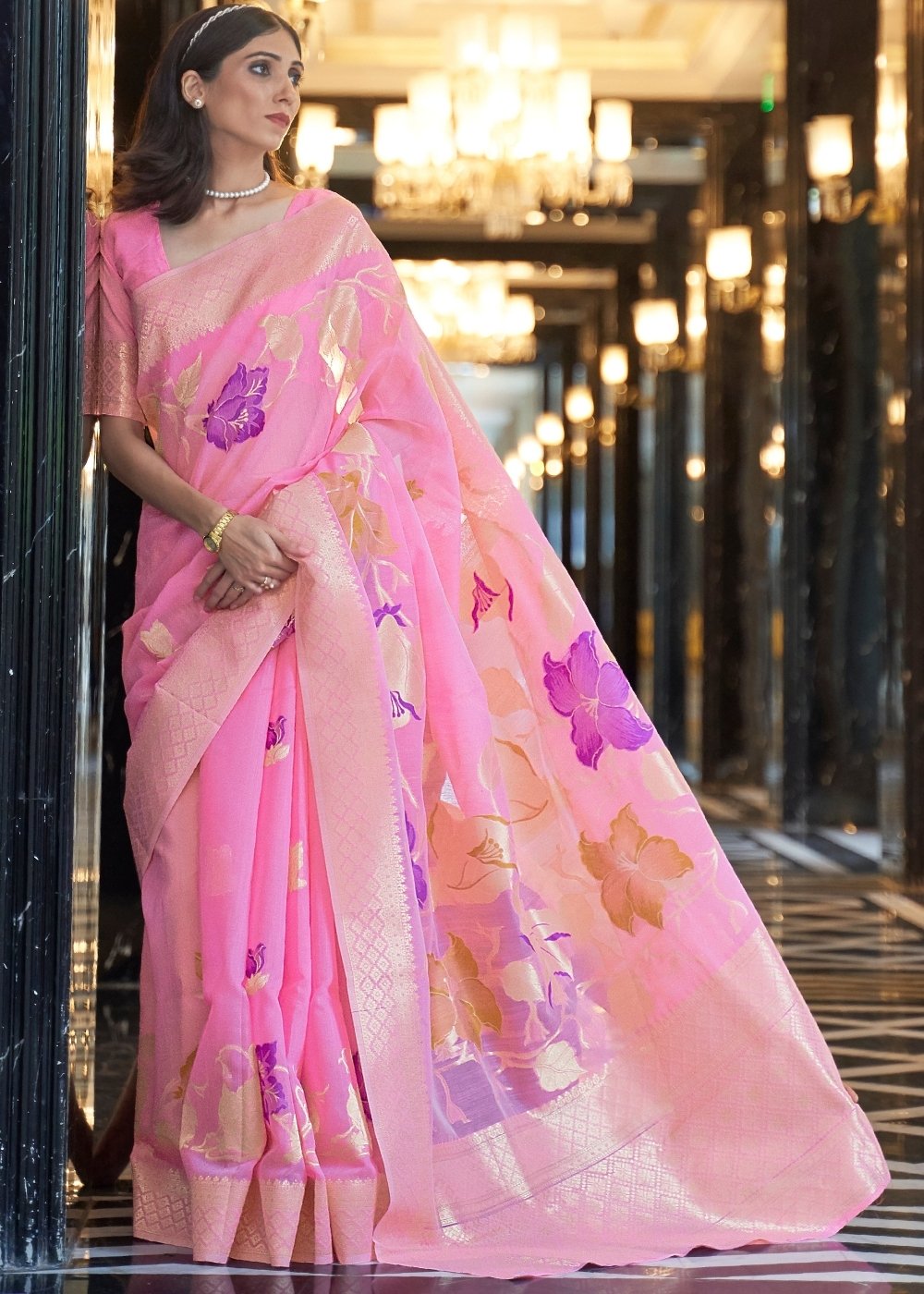 Vivid Pink Zari Woven Linen Silk Saree - Colorful Saree