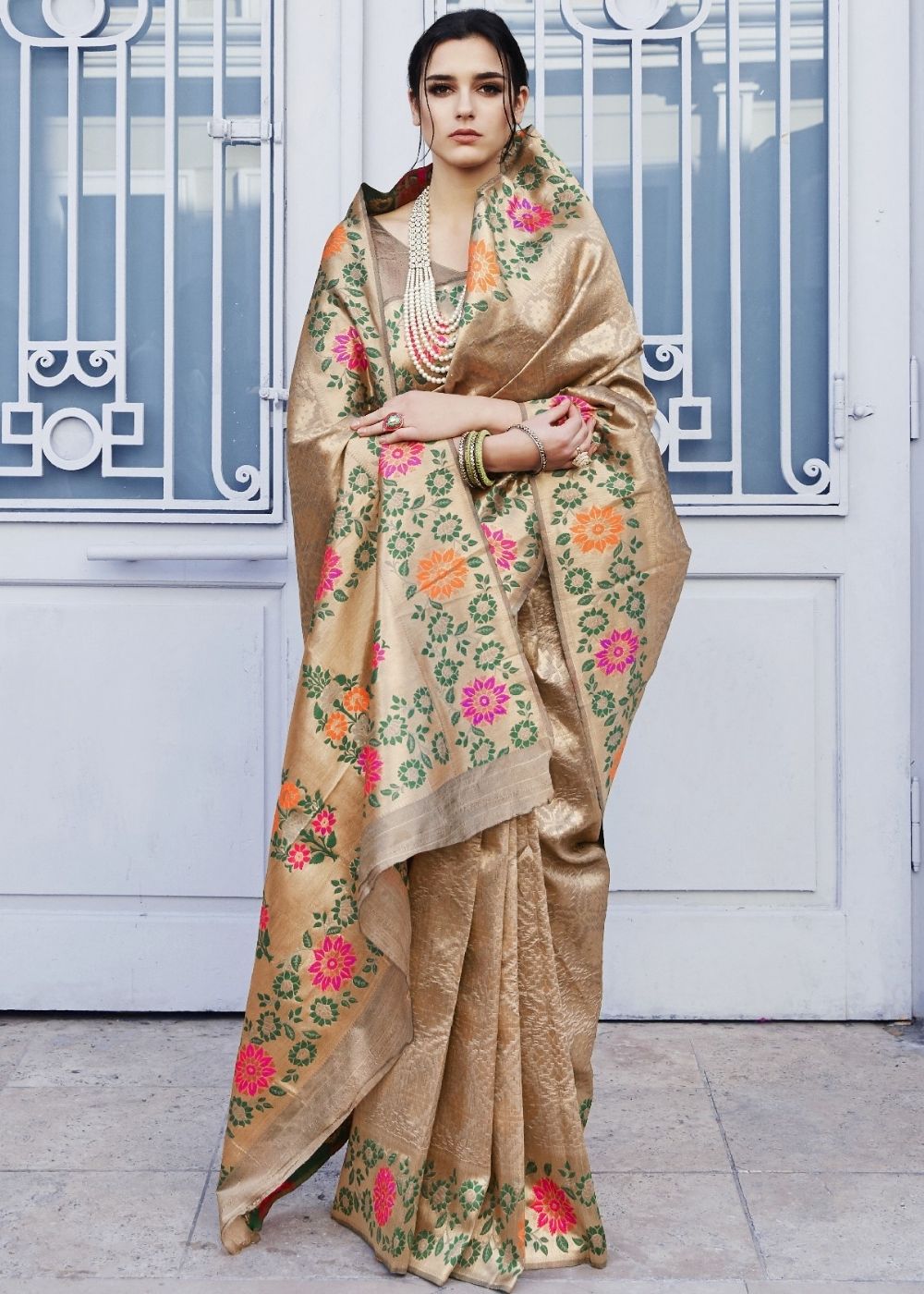 Cedar Brown and Golden Blend Silk Saree with Floral Woven Border and Pallu - Colorful Saree