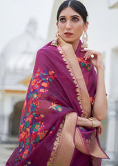 Magenta Purple Floral Embroidered Linen Silk Saree - Colorful Saree