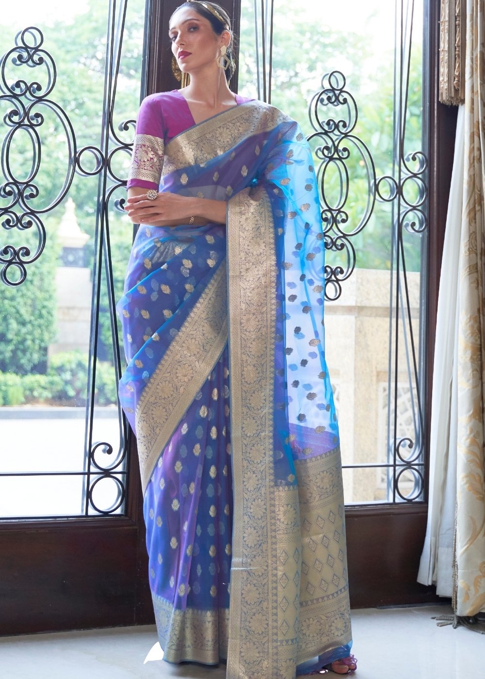 Egyptian Blue Zari Woven Organza Silk Saree - Colorful Saree