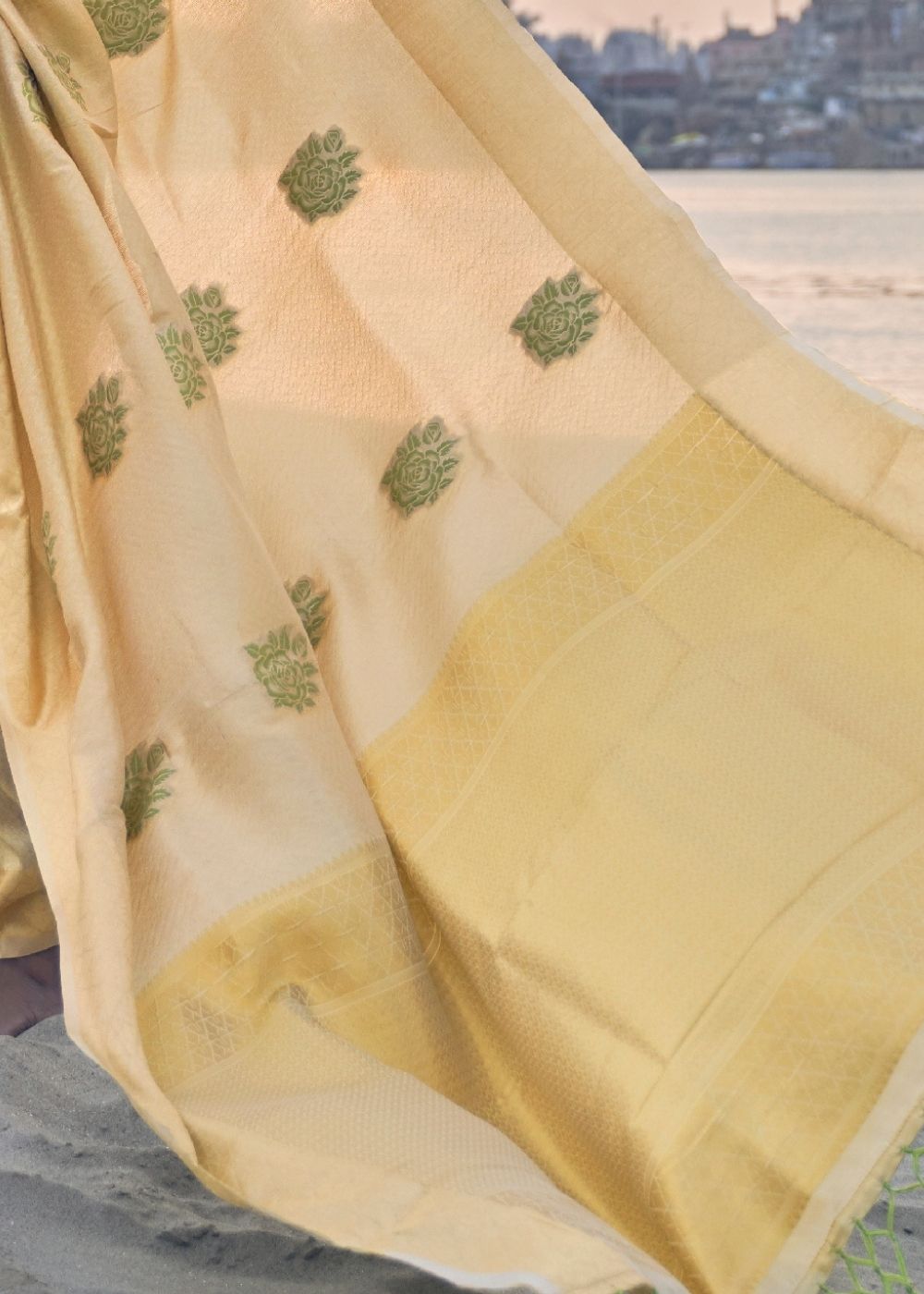 Saffron Yellow Linen Silk Saree with Zari Woven Butti overall - Colorful Saree