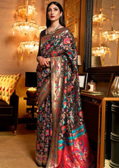 Pebble Black Banarasi Jamawar Woven Silk Saree : Top Pick - Colorful Saree