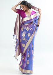 Lotus Blue Designer Woven Organza Silk Saree - Colorful Saree