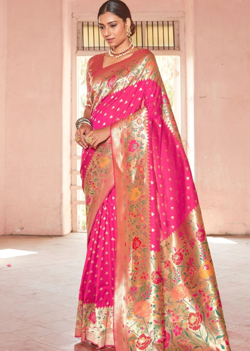 Cerise Pink Woven Paithani Silk Saree - Colorful Saree