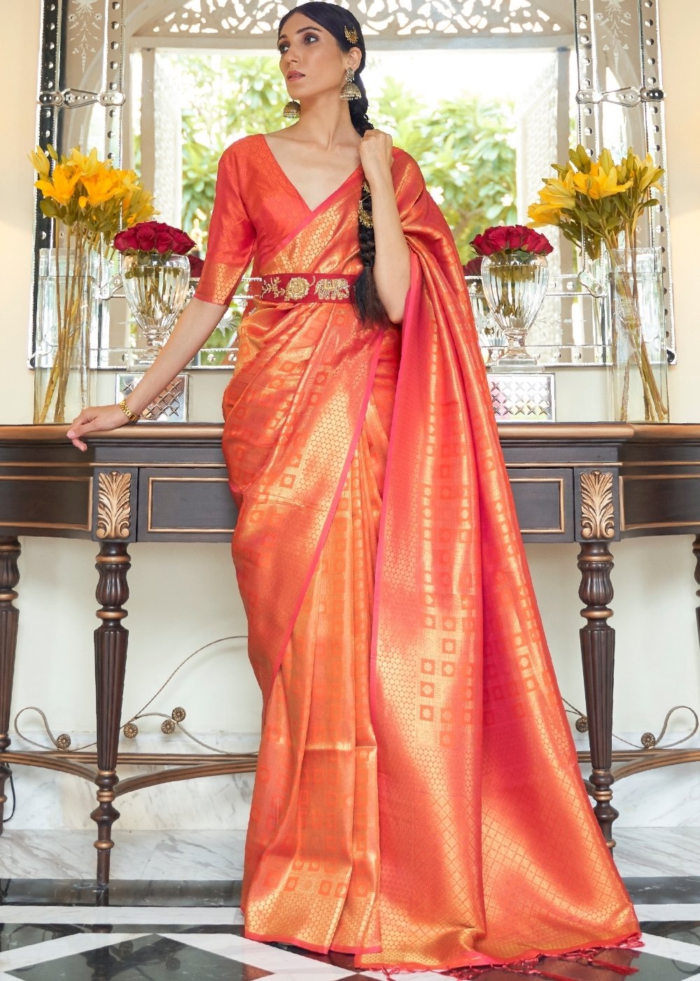 Persimmon Orange Zari Woven Kanjivaram Silk Saree with Tassels on Pallu - Colorful Saree