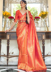 Persimmon Orange Zari Woven Kanjivaram Silk Saree with Tassels on Pallu - Colorful Saree