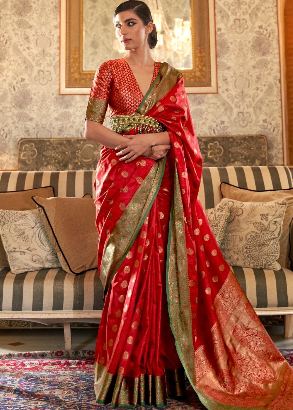 Carmine Red Woven Banarasi Tussar Silk Saree : Top Pick - Colorful Saree