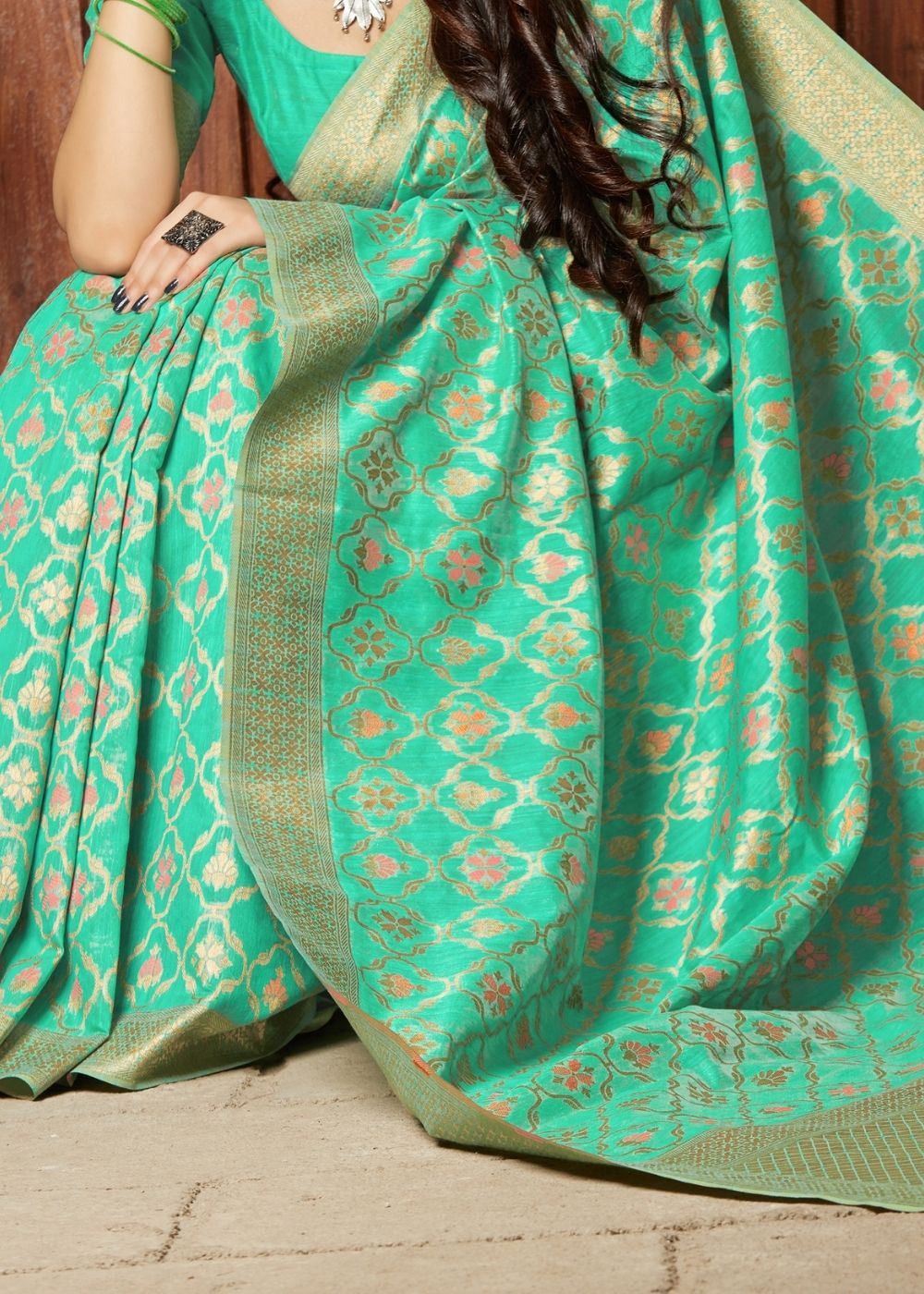 Sea Green Banarasi Cotton Silk Saree - Colorful Saree