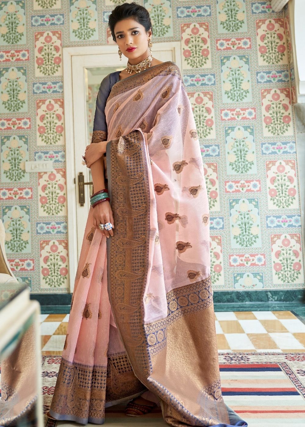 Blush Pink Woven Linen Silk Saree with Butti overall - Colorful Saree