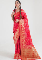 Ruby Pink Zari Woven Banarasi Silk Saree - Colorful Saree