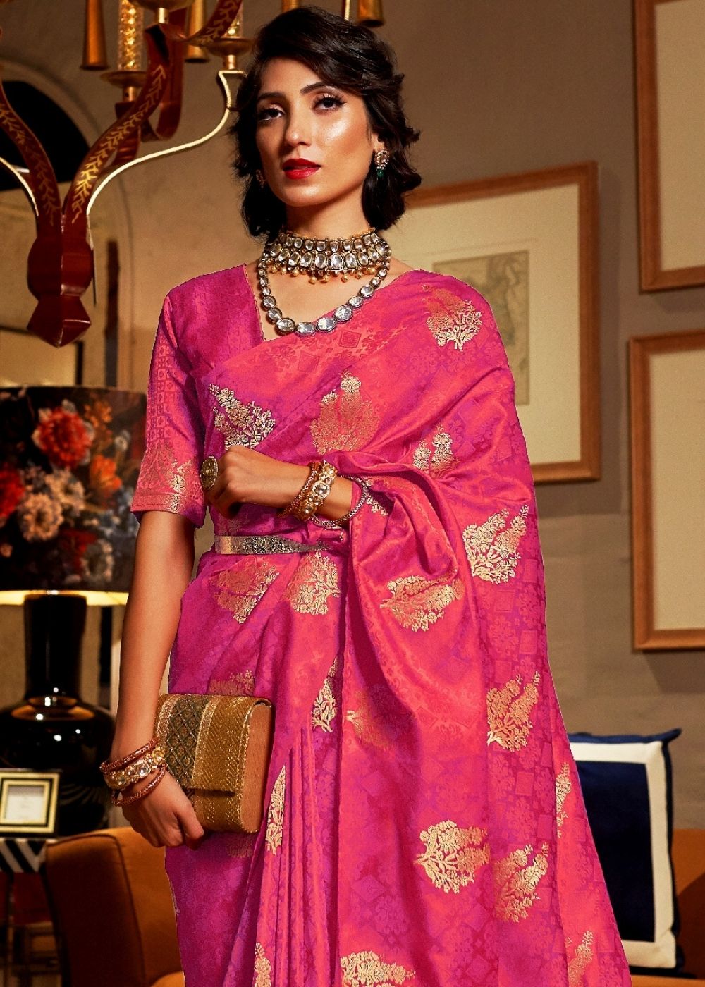 Hot Pink Satin Woven Silk Saree with overall Golden Buti - Colorful Saree