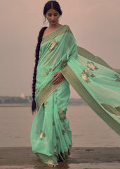 Mint Green Woven Linen Silk Saree with Floral Motif on Pallu and Border - Colorful Saree