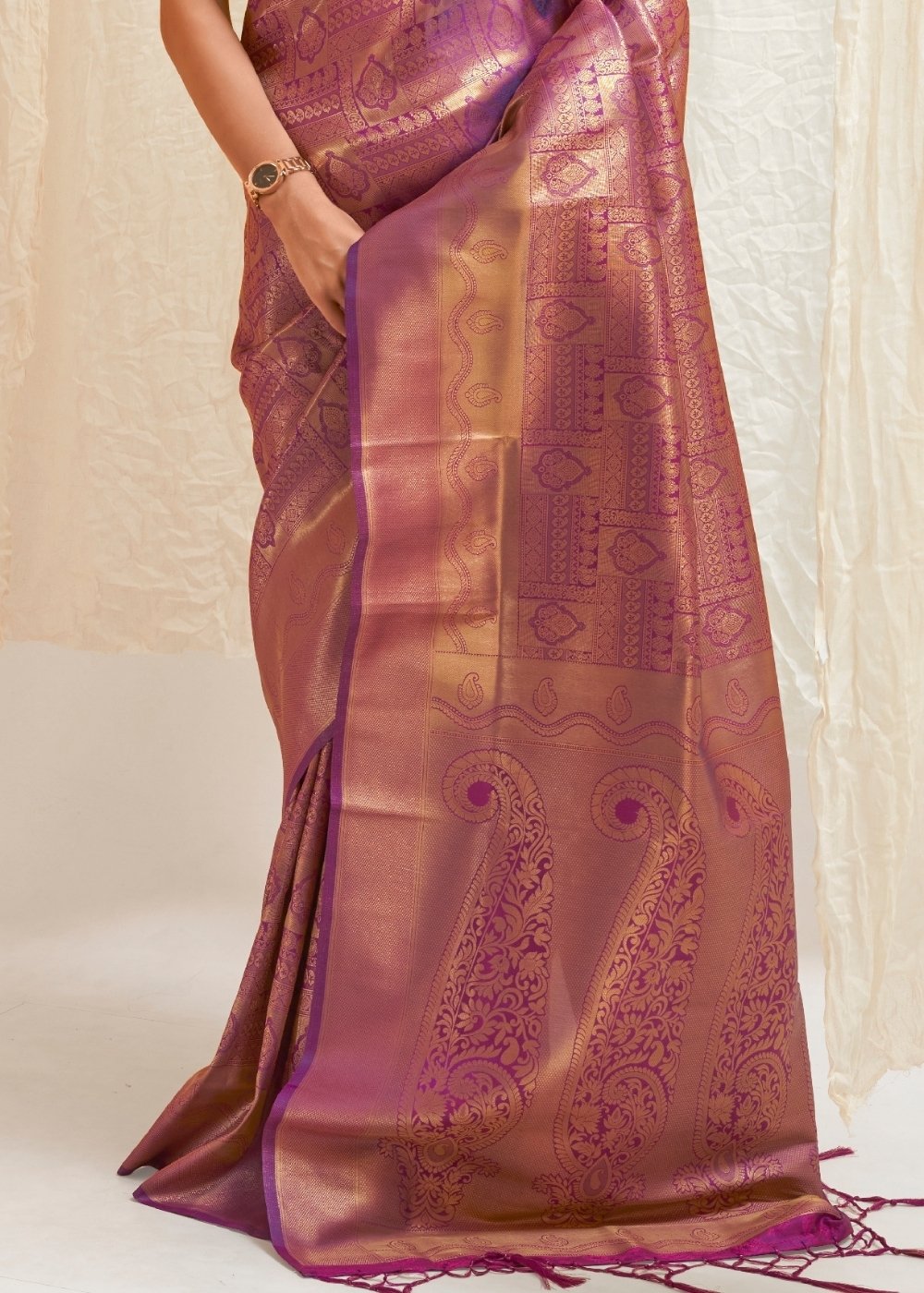 Deep Purple & Golden Blend Kanjivaram Silk Saree - Colorful Saree