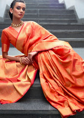 Coral Orange Woven Banarasi Silk Saree with overall Butti - Colorful Saree