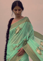 Mint Green Woven Linen Silk Saree with Floral Motif on Pallu and Border - Colorful Saree