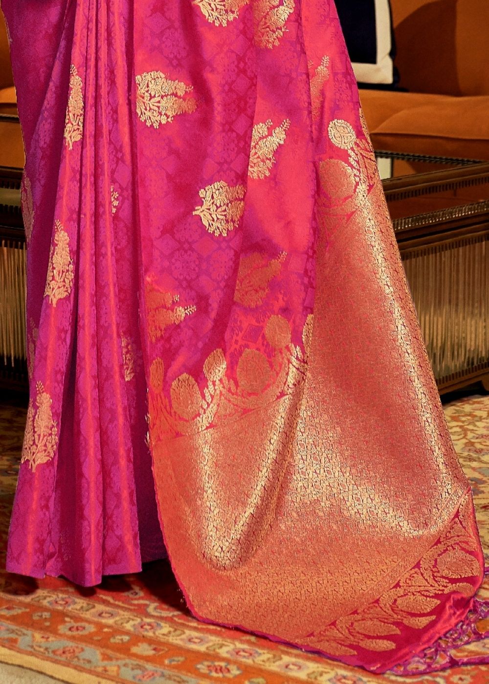 Hot Pink Satin Woven Silk Saree with overall Golden Buti - Colorful Saree