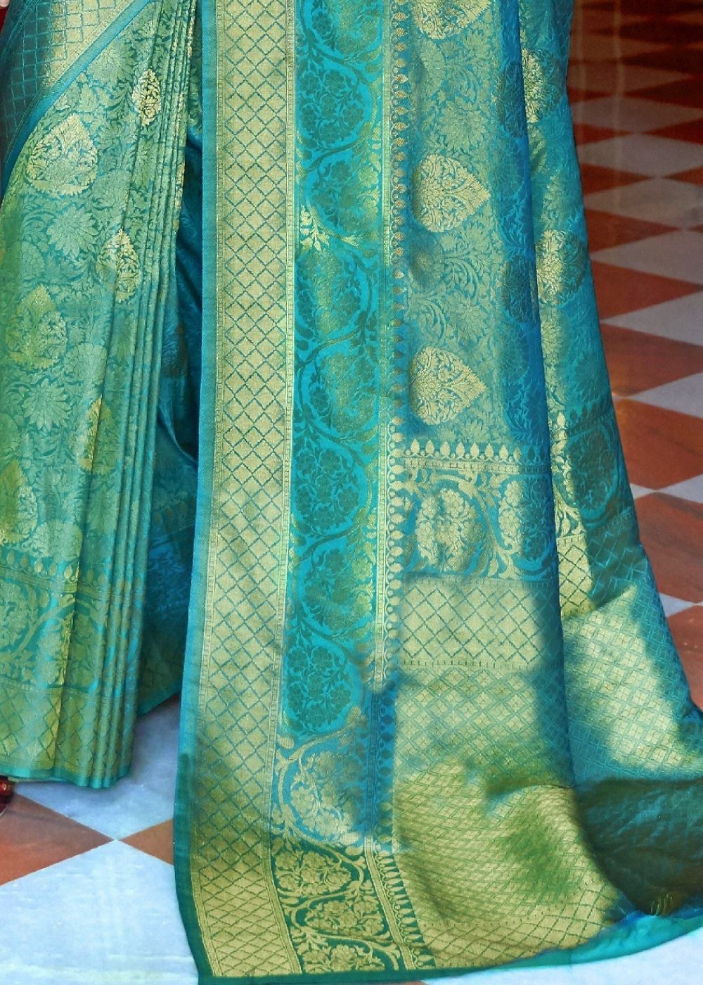 Turquoise Blue and Golden Blend Woven Kanjivaram Soft Silk Saree - Colorful Saree