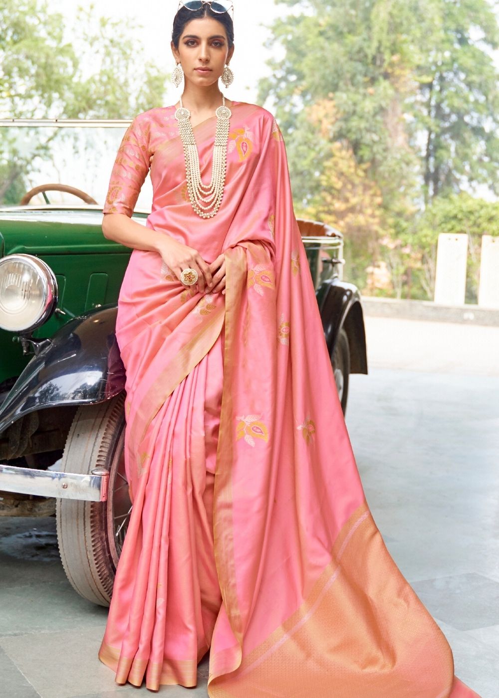 Amarnath Pink Zari Butta Banarasi-Chanderi Fusion Silk Saree - Colorful Saree