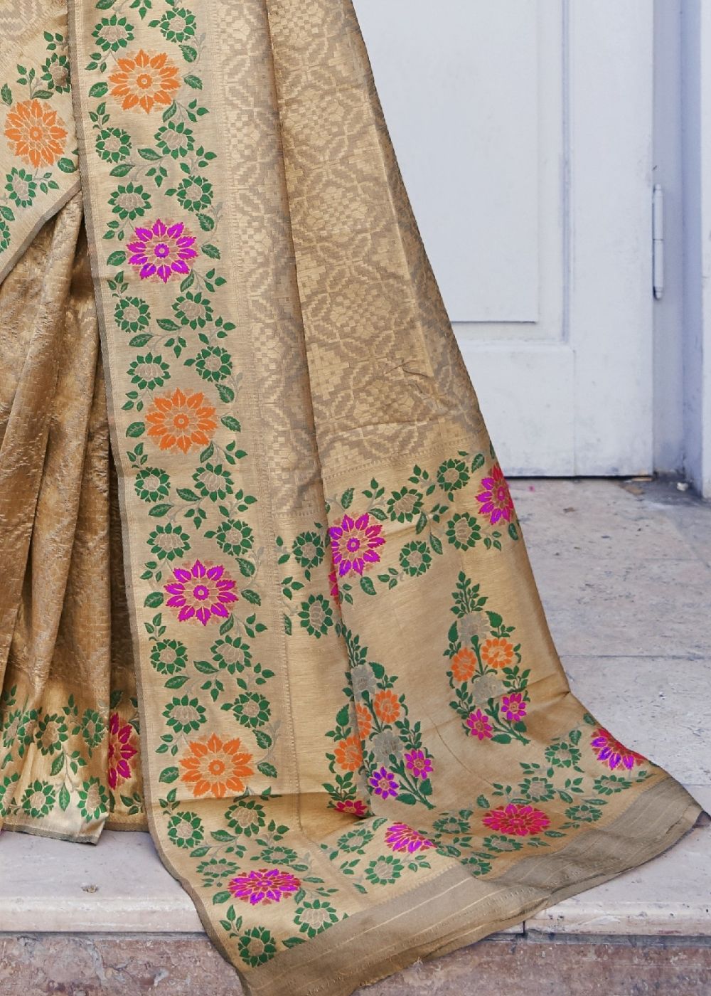 Cedar Brown and Golden Blend Silk Saree with Floral Woven Border and Pallu - Colorful Saree