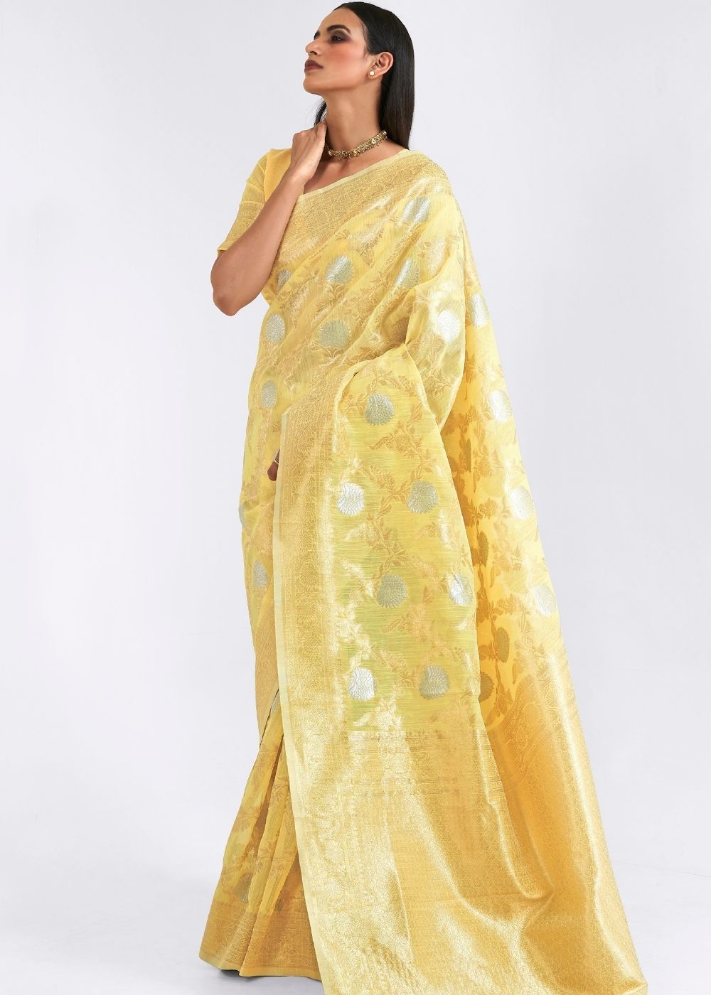 Pineapple Yellow Zari Woven Linen Silk Saree - Colorful Saree