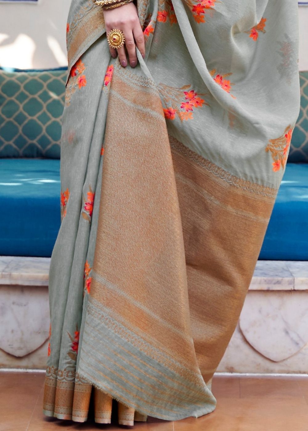 Metal Gray Linen Woven Silk Saree with Zari work on Border and Pallu - Colorful Saree