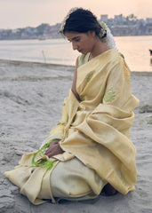 Saffron Yellow Linen Silk Saree with Zari Woven Butti overall - Colorful Saree