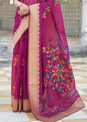 Magenta Purple Floral Embroidered Linen Silk Saree - Colorful Saree