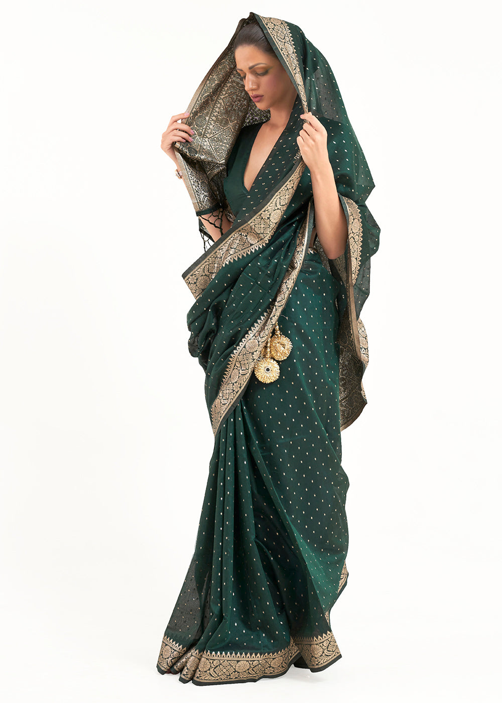 Castleton Green Woven Banarasi Silk Saree with overall Mukaish work - Colorful Saree