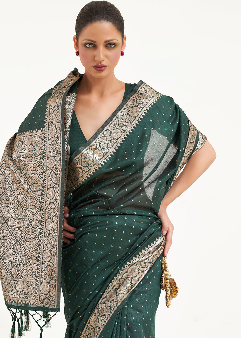 Castleton Green Woven Banarasi Silk Saree with overall Mukaish work - Colorful Saree