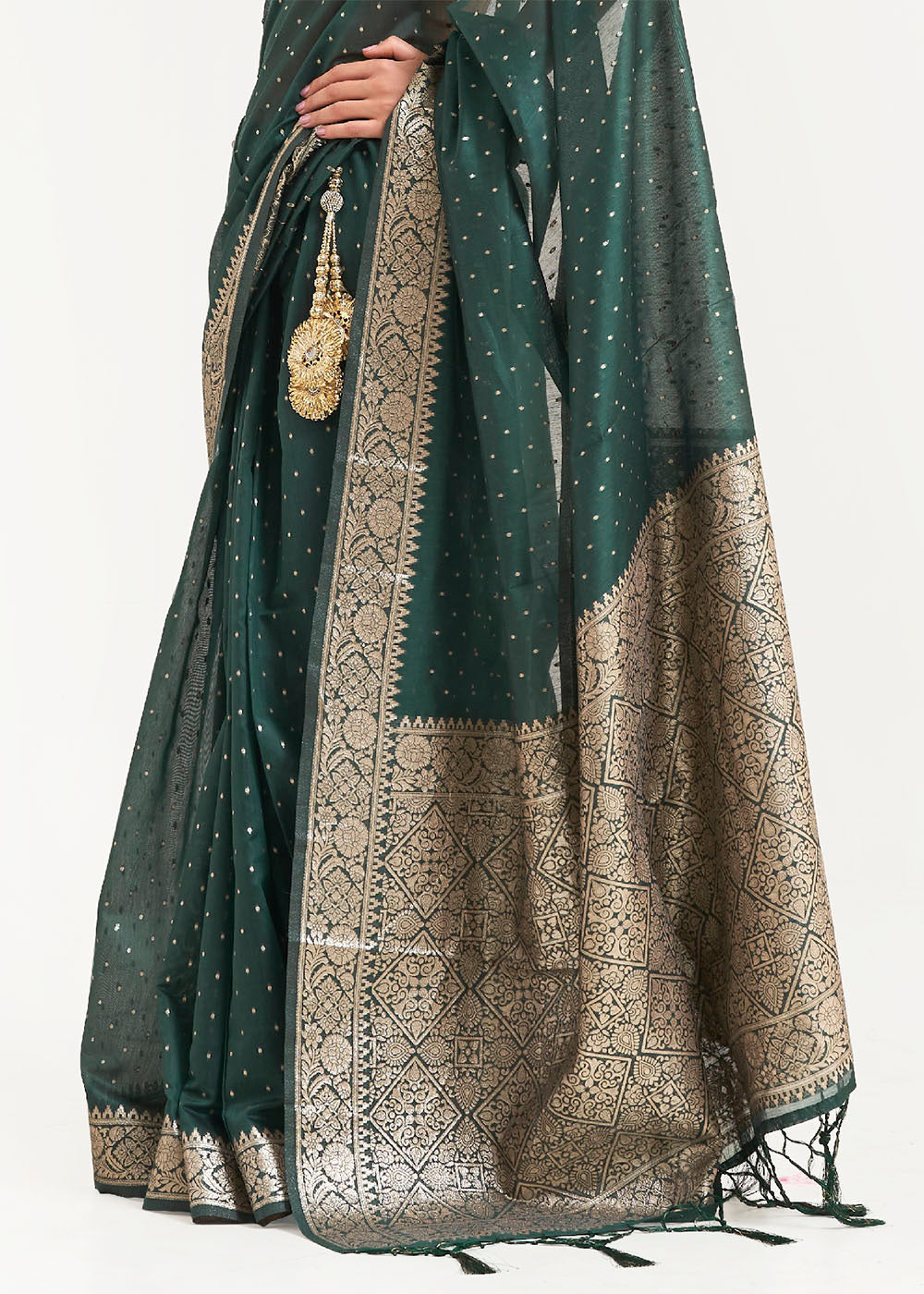 Castleton Green Woven Banarasi Silk Saree with overall Mukaish work - Colorful Saree