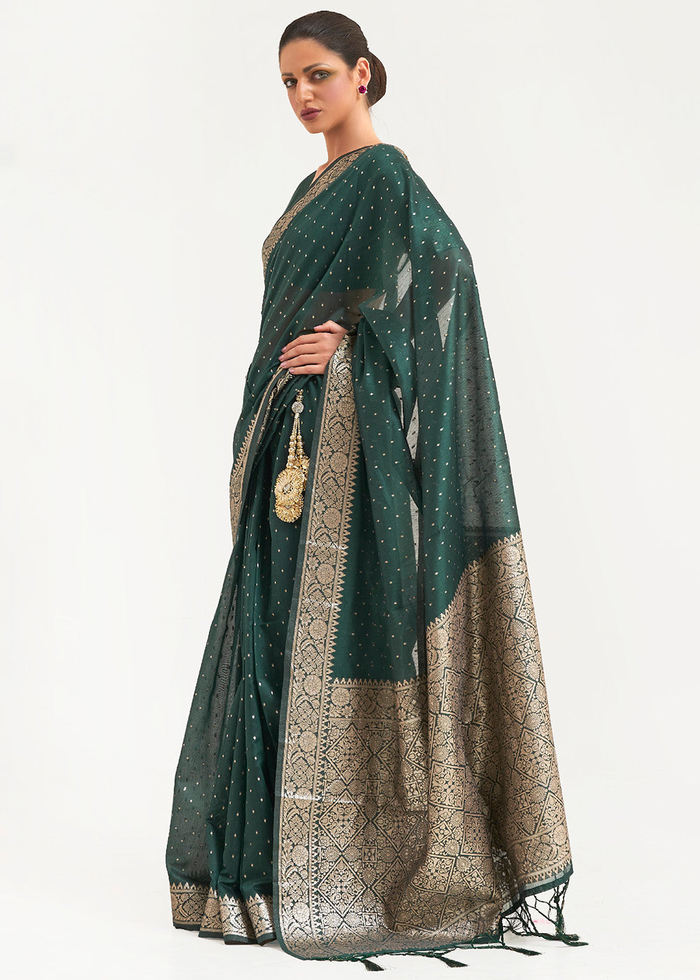 Castleton Green Woven Banarasi Silk Saree with overall Mukaish work - Colorful Saree