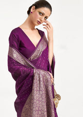 Eggplant Purple Woven Banarasi Silk Saree with overall Mukaish work - Colorful Saree