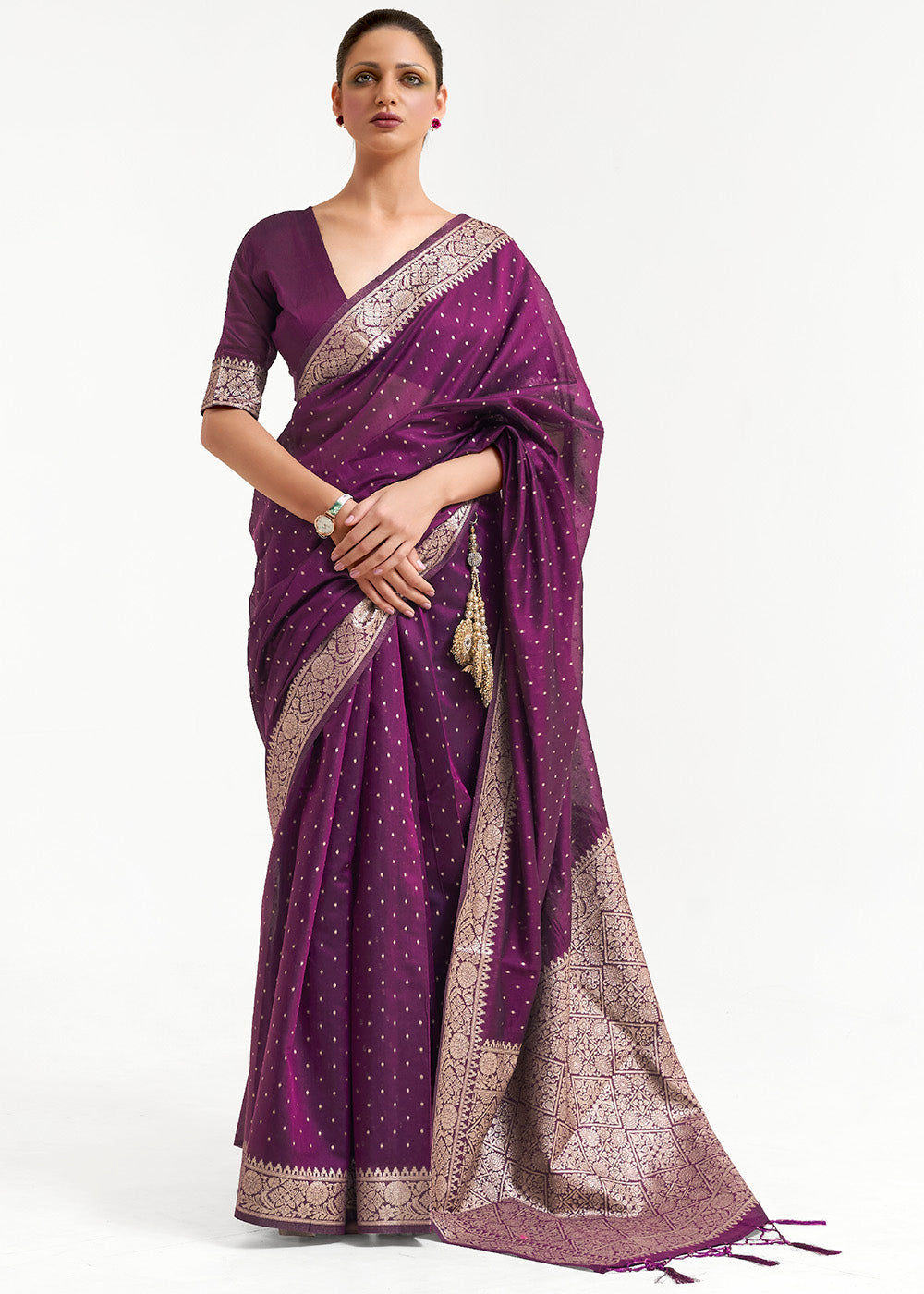 Eggplant Purple Woven Banarasi Silk Saree with overall Mukaish work - Colorful Saree
