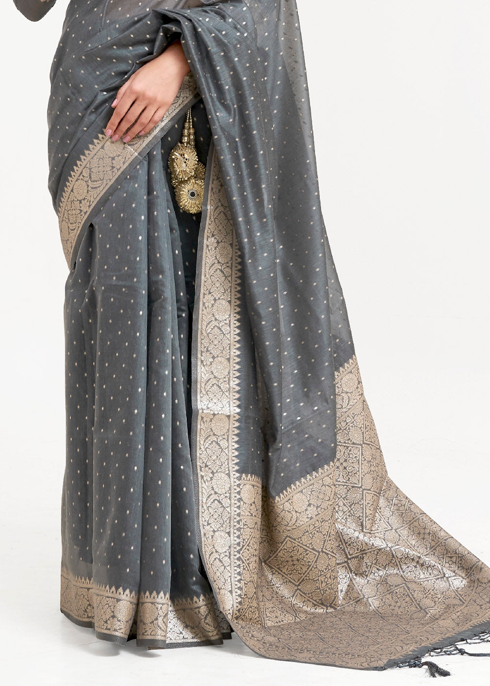 Steel Grey Woven Banarasi Silk Saree with overall Mukaish work - Colorful Saree