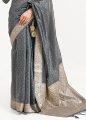 Steel Grey Woven Banarasi Silk Saree with overall Mukaish work - Colorful Saree