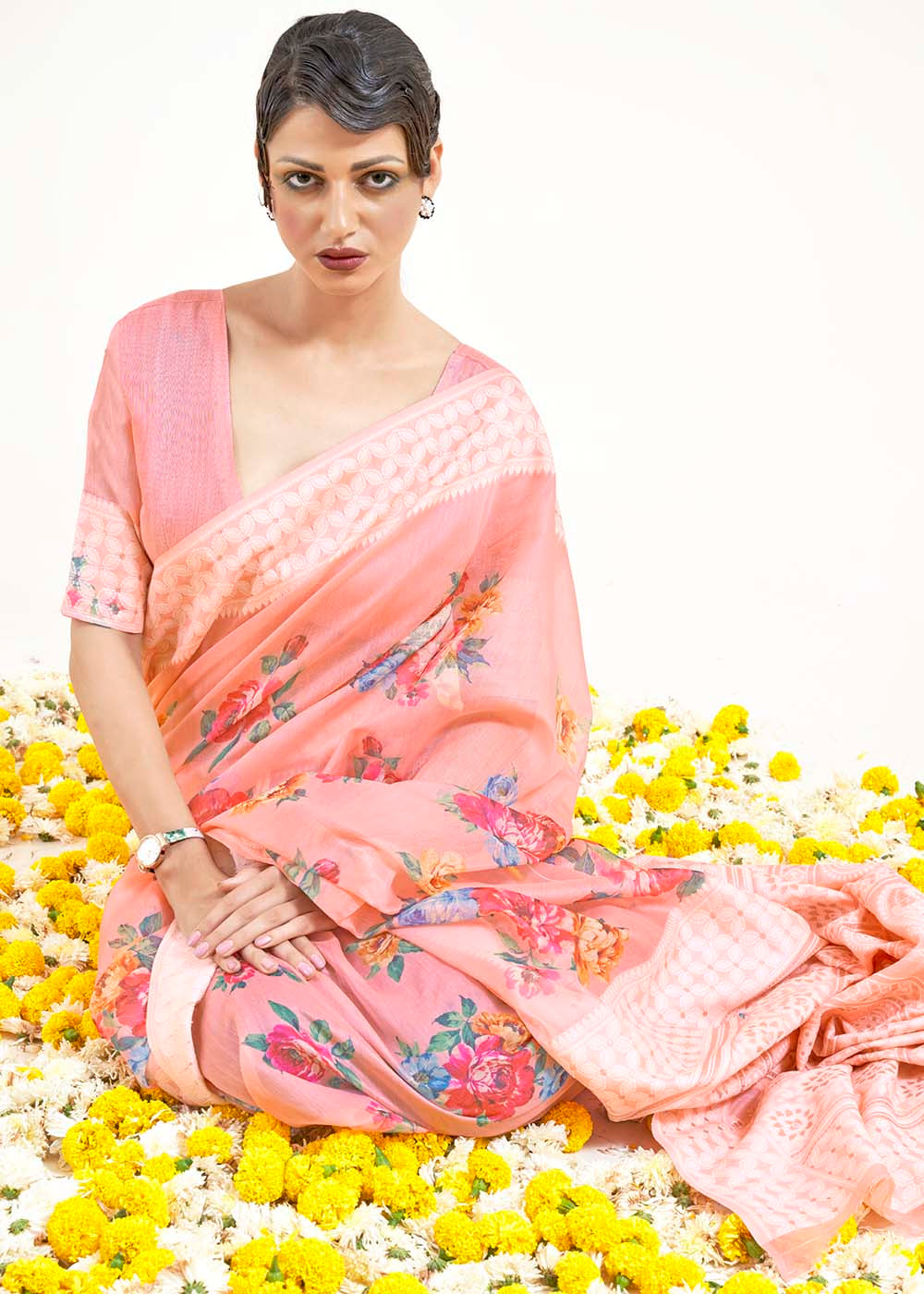 Salmon Pink Chikankari Silk Saree with Floral Digital Print - Colorful Saree