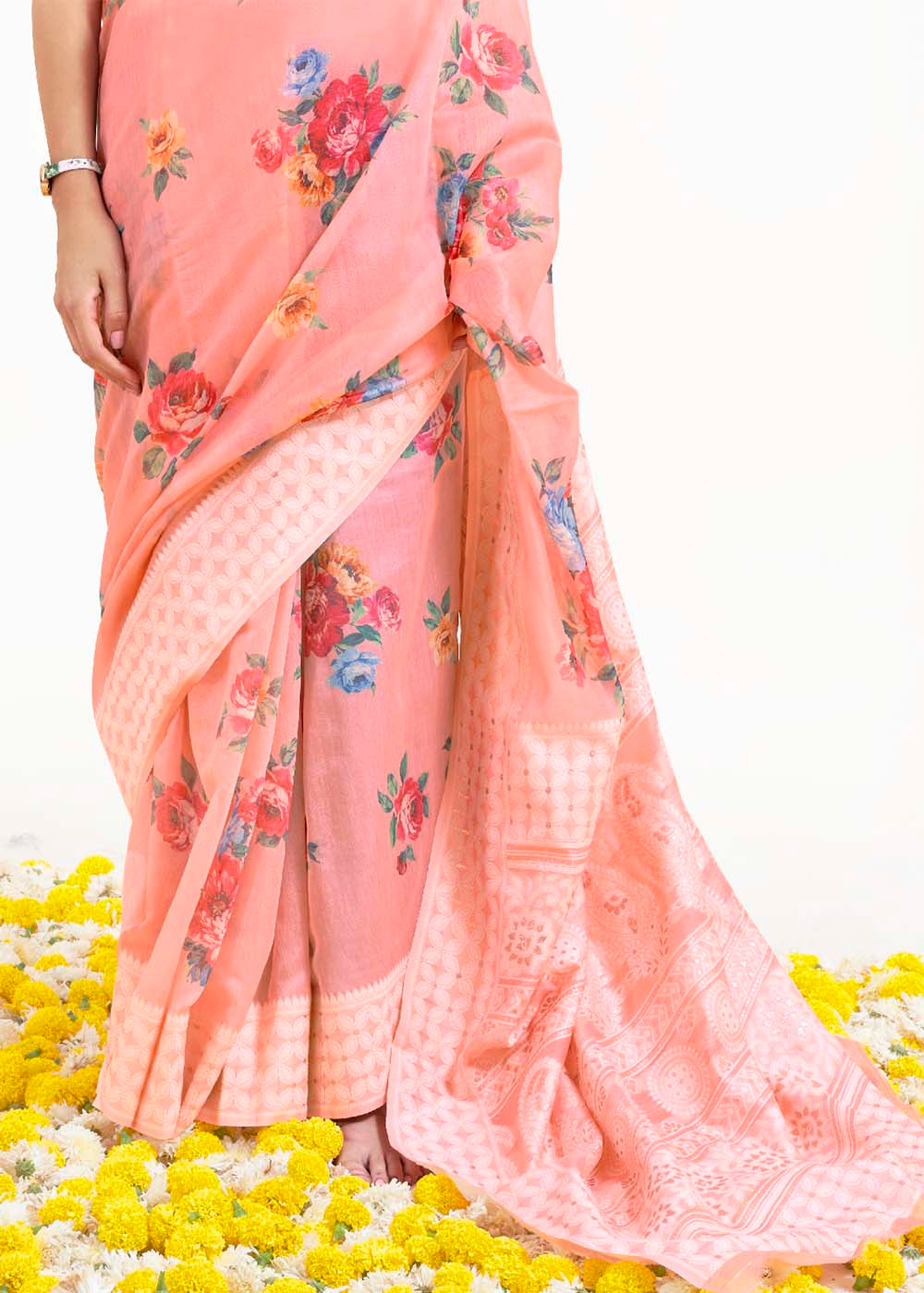 Salmon Pink Chikankari Silk Saree with Floral Digital Print - Colorful Saree