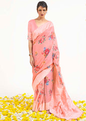 Salmon Pink Chikankari Silk Saree with Floral Digital Print - Colorful Saree