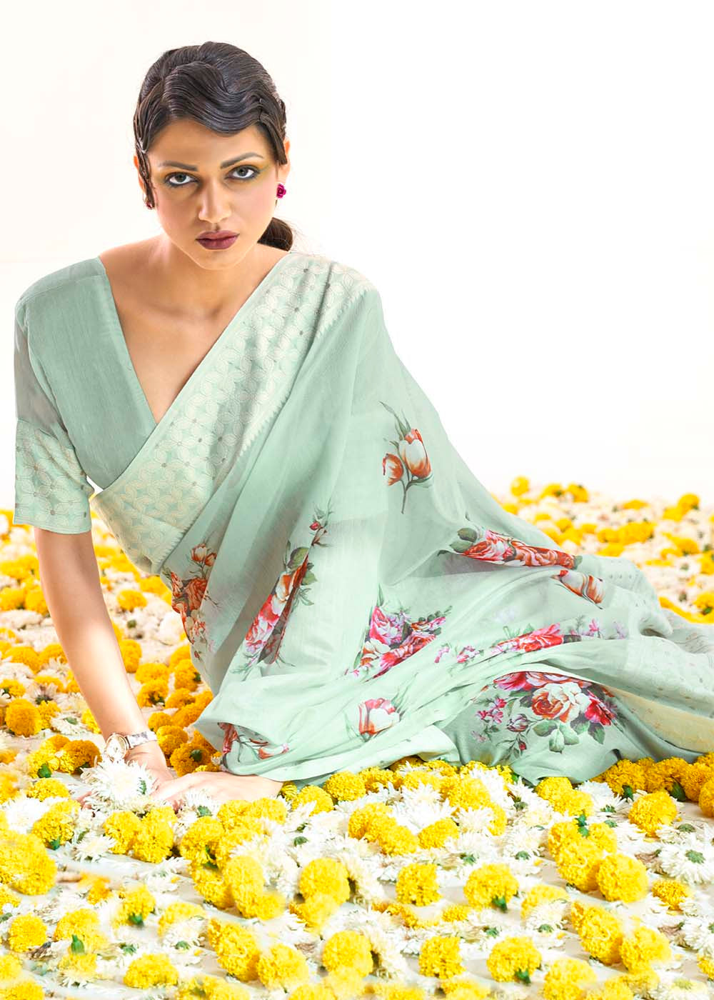 Tea Green Chikankari Silk Saree with Floral Digital Print - Colorful Saree