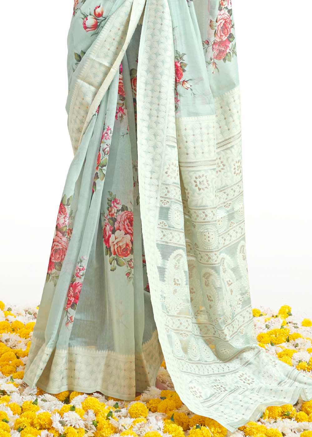 Tea Green Chikankari Silk Saree with Floral Digital Print - Colorful Saree