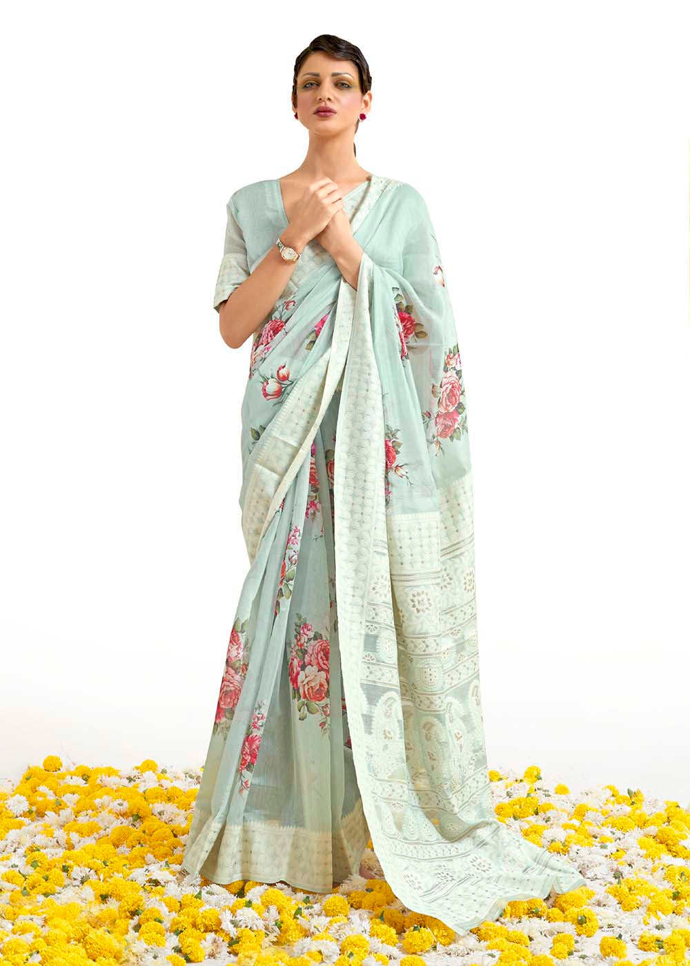 Tea Green Chikankari Silk Saree with Floral Digital Print - Colorful Saree