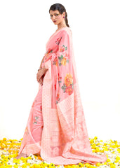 Flamingo Pink Chikankari Silk Saree with Floral Digital Print - Colorful Saree