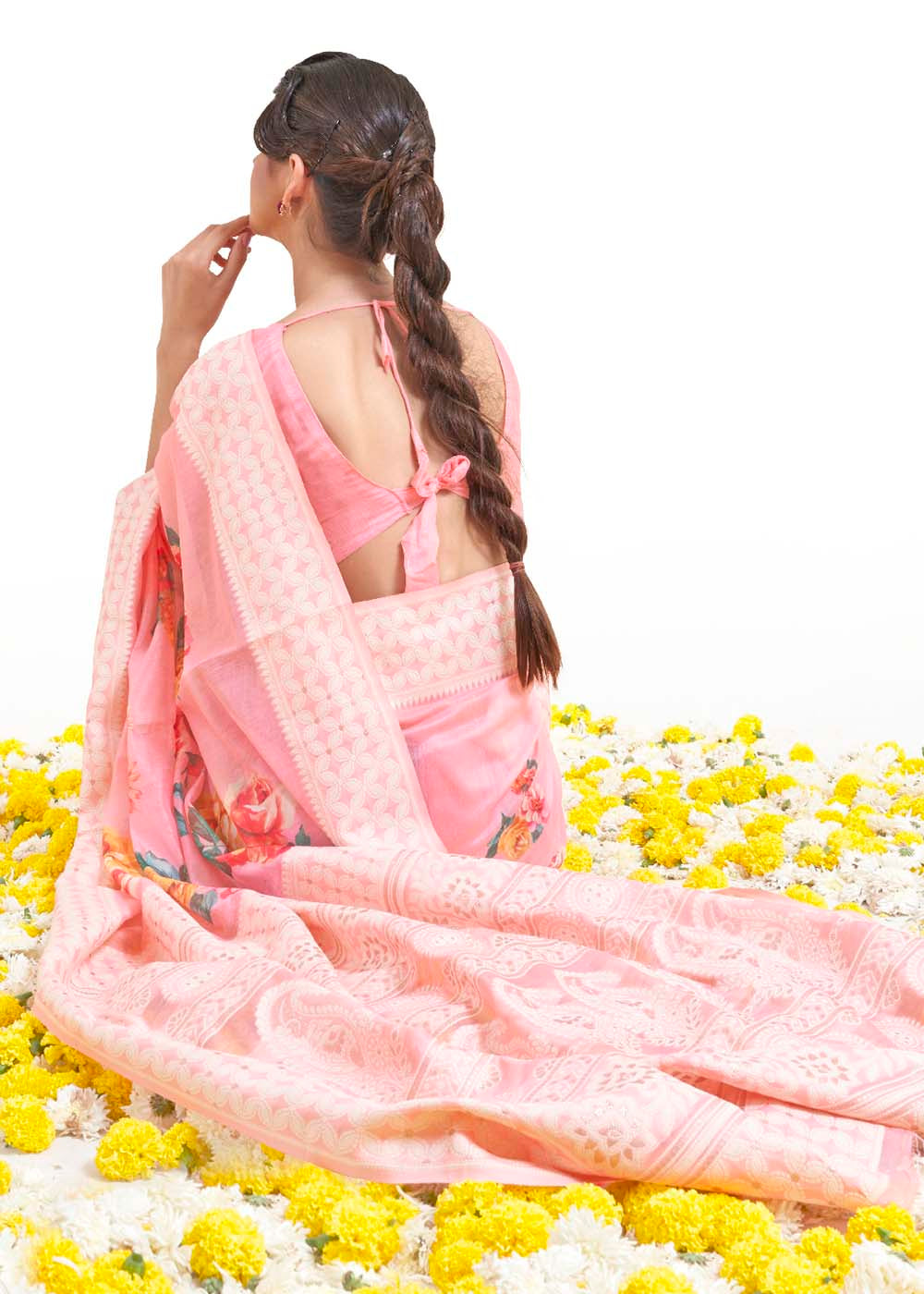 Flamingo Pink Chikankari Silk Saree with Floral Digital Print - Colorful Saree