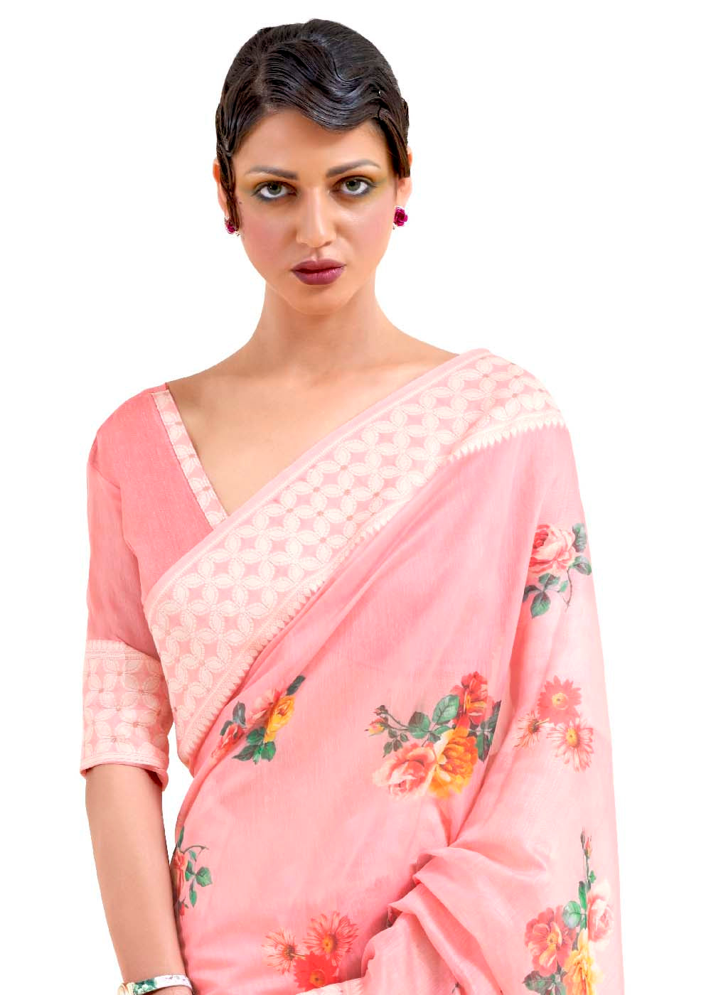 Flamingo Pink Chikankari Silk Saree with Floral Digital Print - Colorful Saree