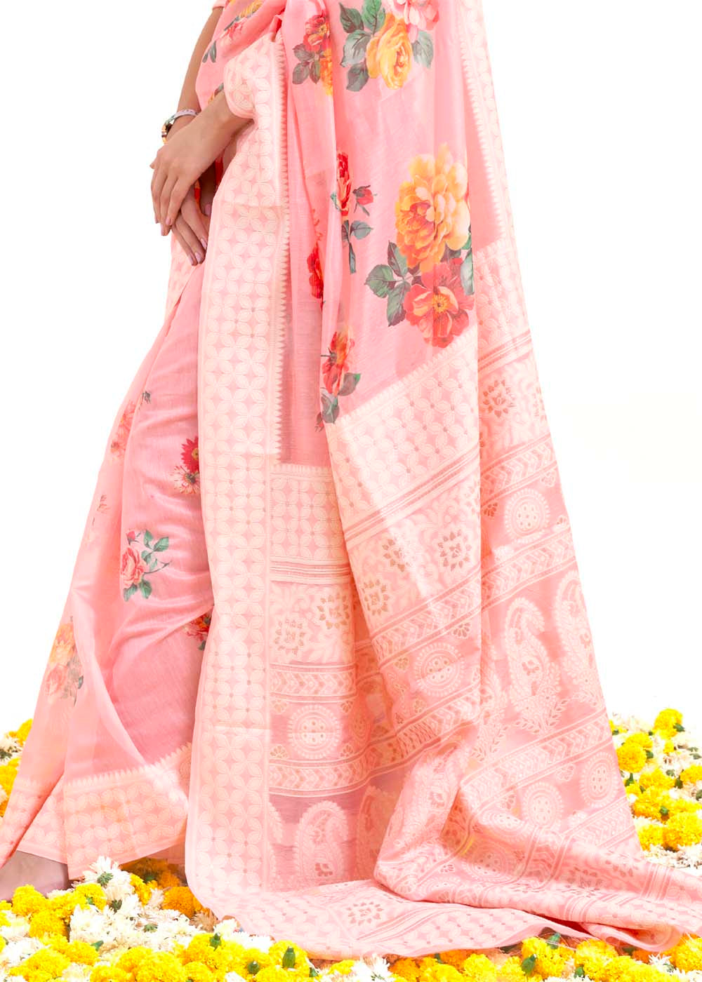 Flamingo Pink Chikankari Silk Saree with Floral Digital Print - Colorful Saree