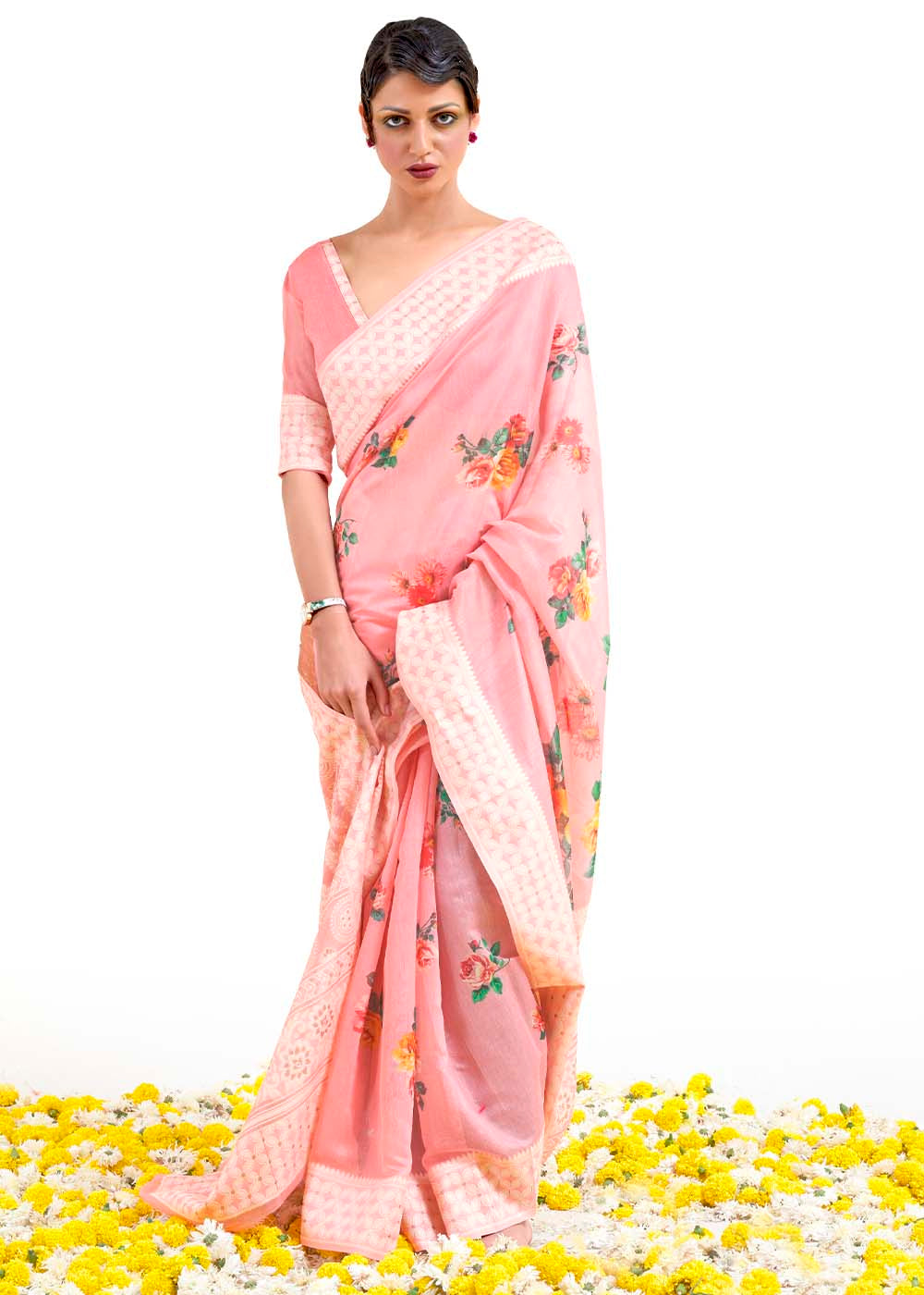 Flamingo Pink Chikankari Silk Saree with Floral Digital Print - Colorful Saree