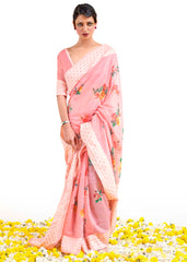 Flamingo Pink Chikankari Silk Saree with Floral Digital Print - Colorful Saree