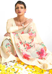 Parchment White Chikankari Silk Saree with Floral Digital Print - Colorful Saree
