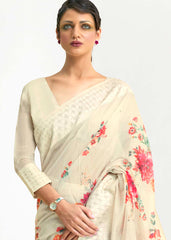 Parchment White Chikankari Silk Saree with Floral Digital Print - Colorful Saree